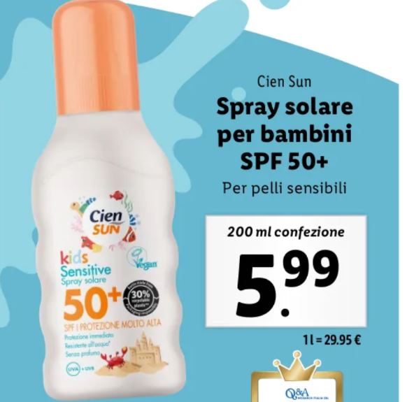 Spray solare bambini SPF 50+ Lidl Cien